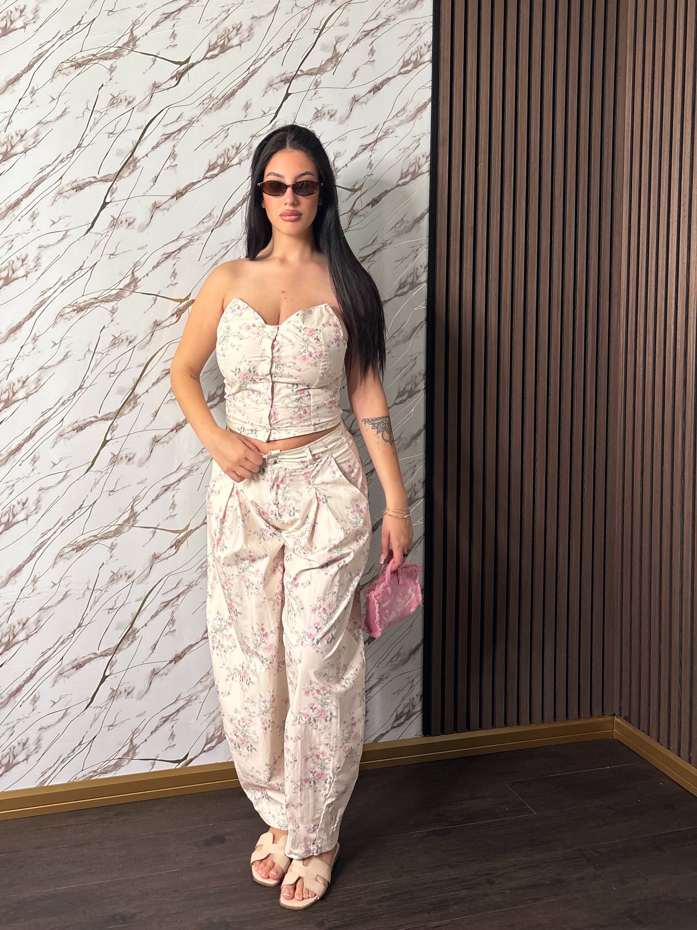 Coordinato “Firenze” – Bustier e Pantalone Palazzo Stampa Floreale