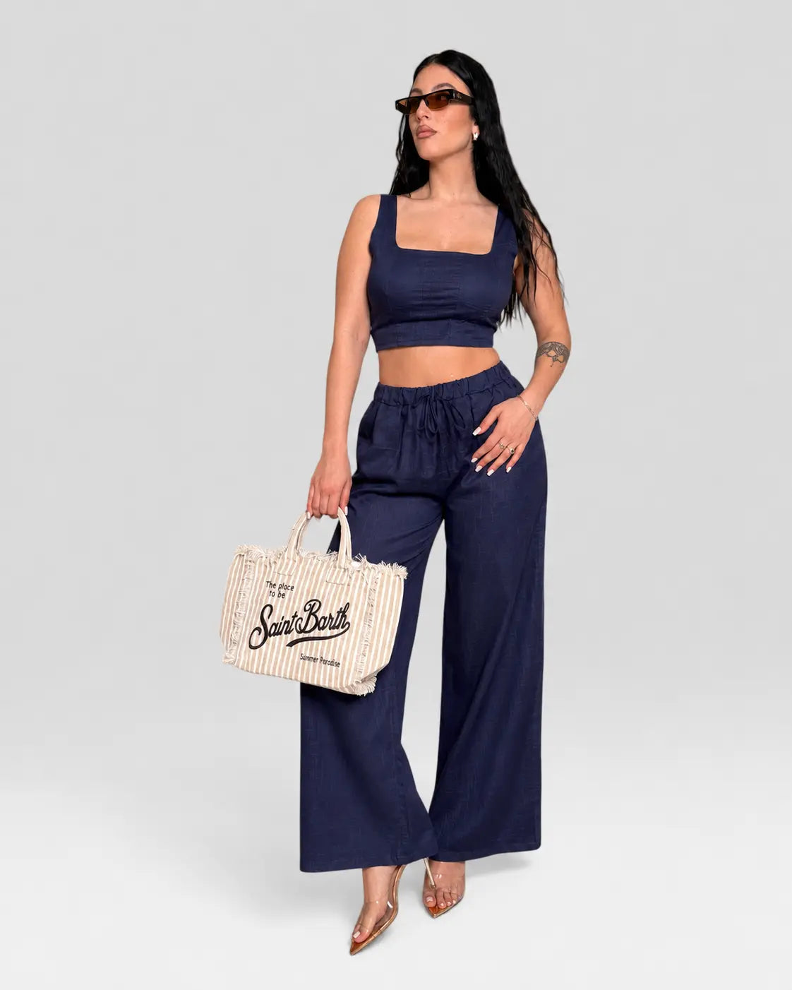 Completo “Lipari” – Top Bustier e Pantalone Palazzo in Lino Bianco