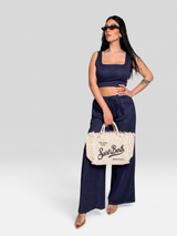 Completo “Lipari” – Top Bustier e Pantalone Palazzo in Lino Bianco