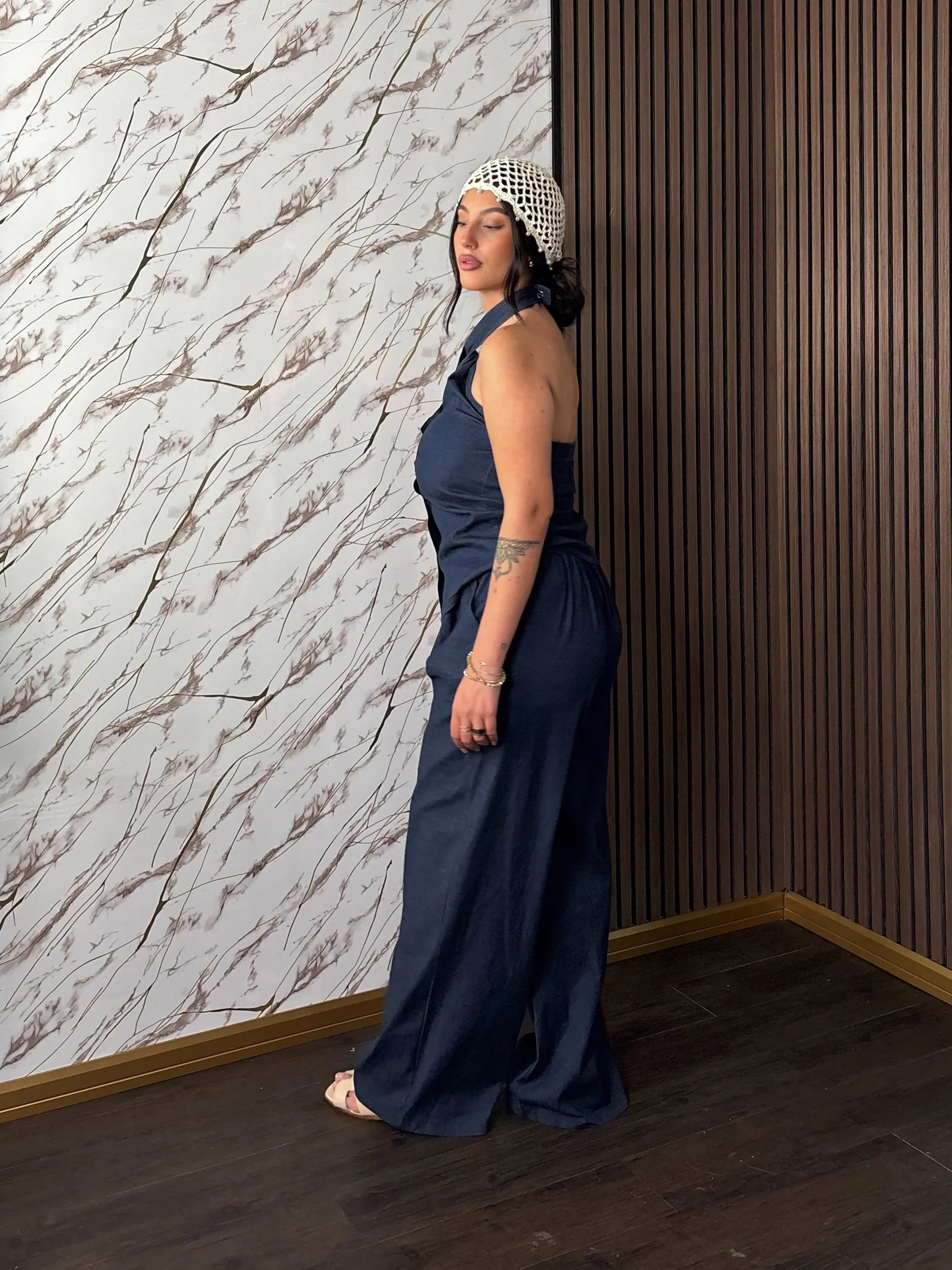 Completo “Cortina” – Top Halter e Pantalone Palazzo in Denim