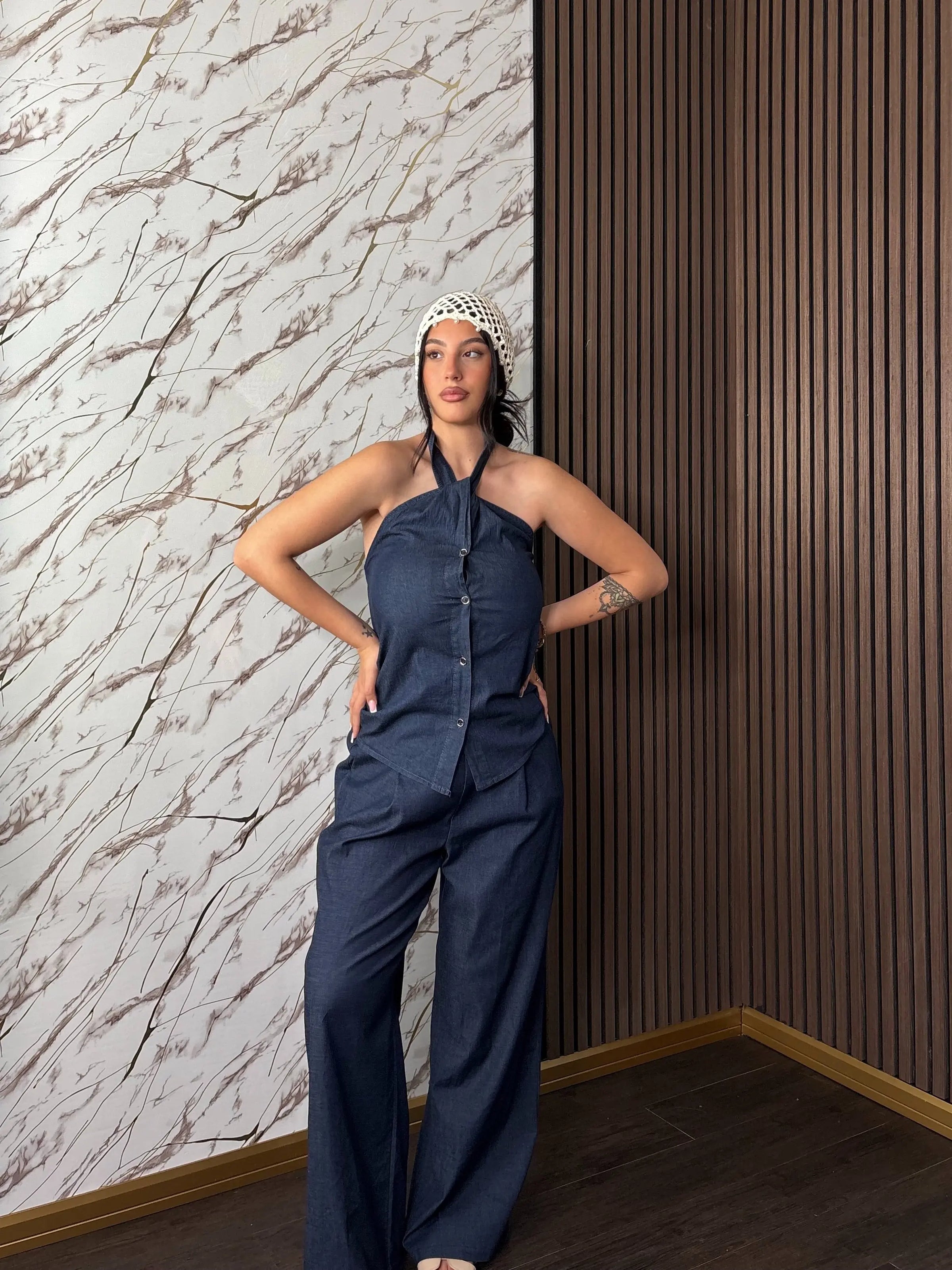 Completo “Cortina” – Top Halter e Pantalone Palazzo in Denim