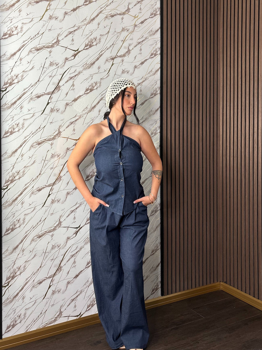 Completo “Cortina” – Top Halter e Pantalone Palazzo in Denim