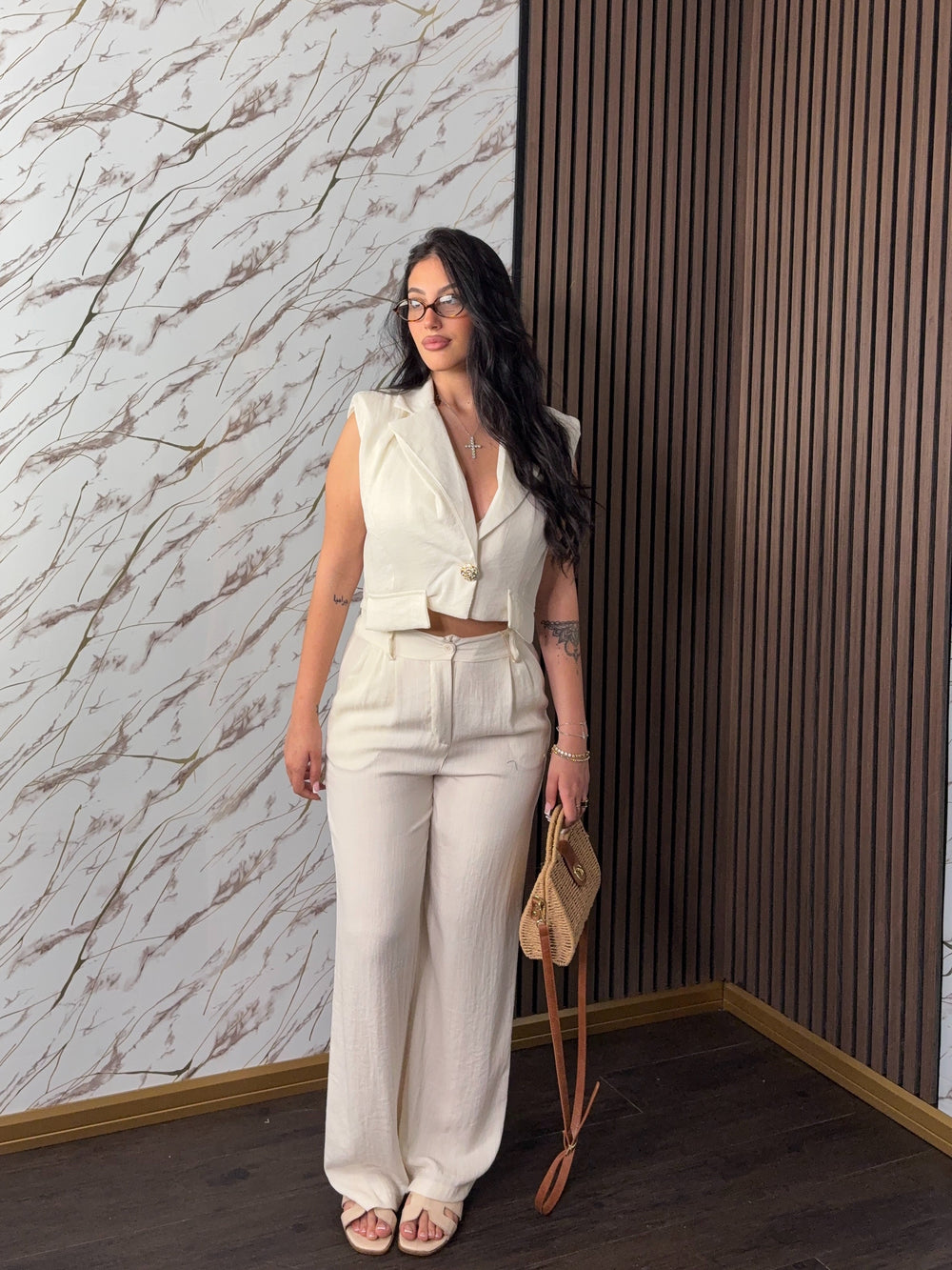 Completo “Ferrara” – Gilet Crop e Pantalone Palazzo in Lino