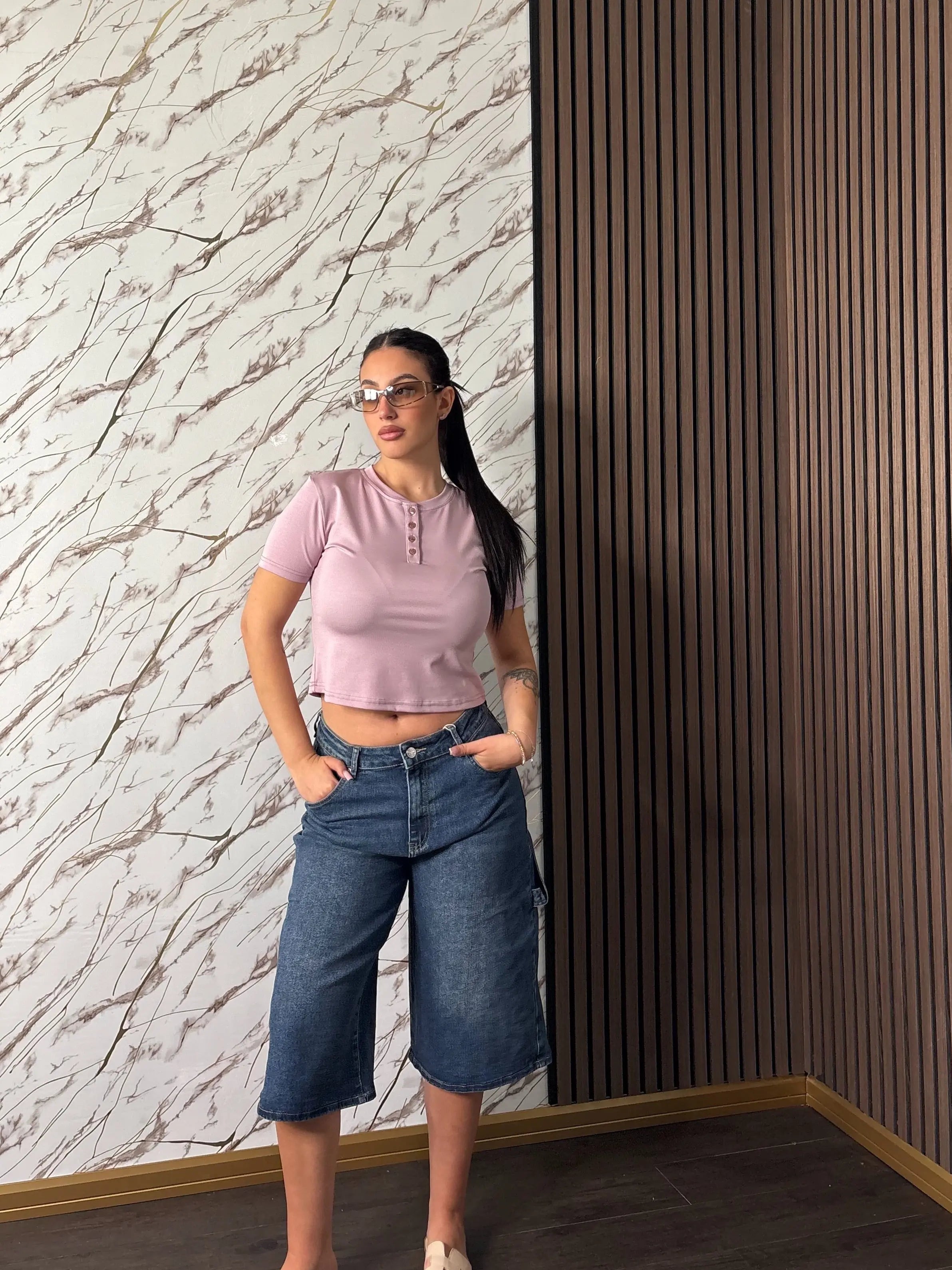 Bermuda “Genova” – Jeans Wide Leg Nero Lavato Stile Cargo