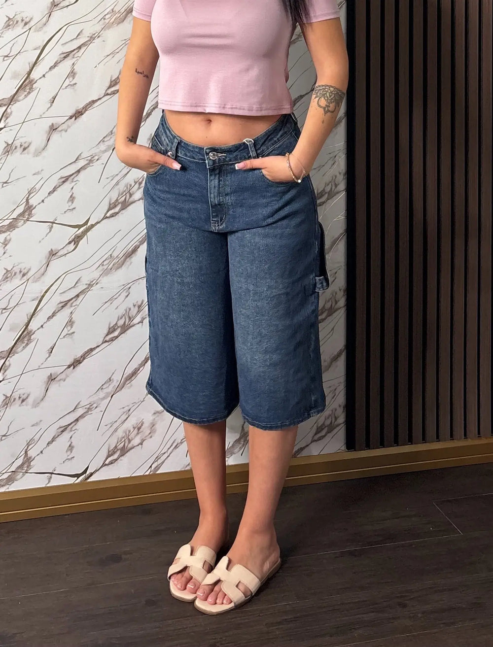 Bermuda “Genova” – Jeans Wide Leg Nero Lavato Stile Cargo
