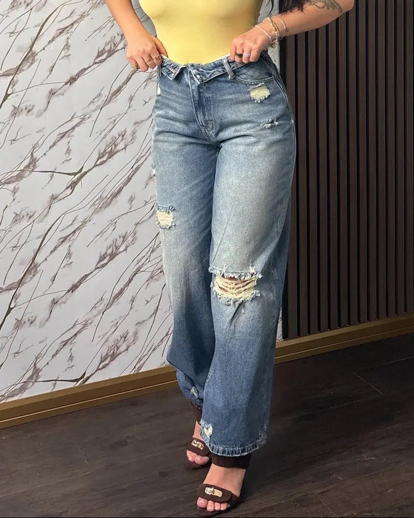 Jeans "Amalfi" – Wide Leg a Vita Alta con Strappi